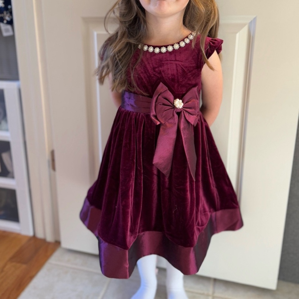 Rare Editions Elegant Burgundy Girls Christmas Dress with Bow